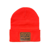 Blaze orange Beanie displaying the leather kluk logo patch