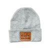 heather grey beanie displaying the kluk leather patch logo