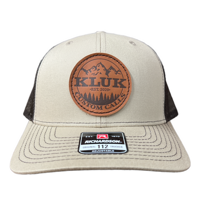 Leather Patch Khaki Coffee hat displaying the leather patch with kluk logo