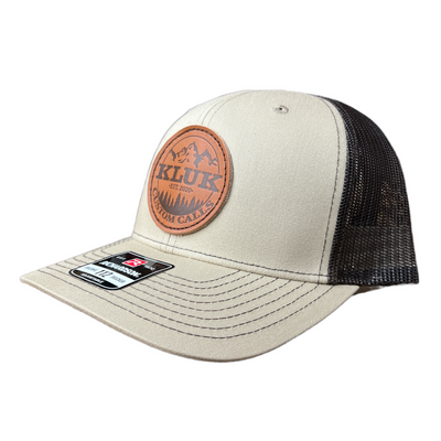 Leather Patch Khaki coffee hat displaying the profile view of the hat with mesh backing