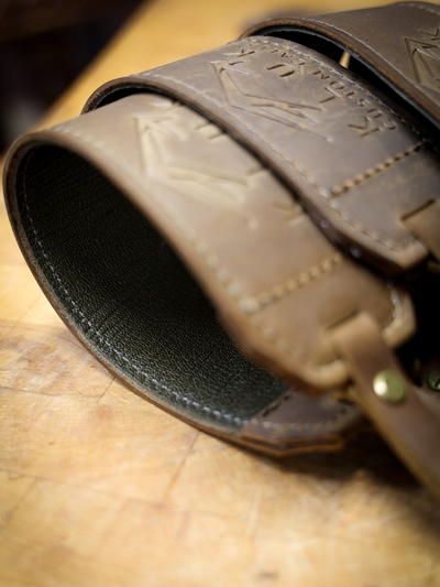 Leather turkey tote leg holsters detail close up shot showing Kluk logo